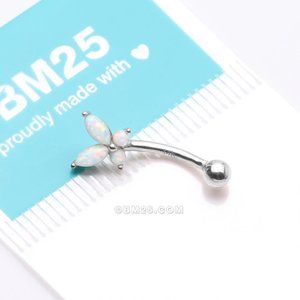 14 Karat White Gold Prong Set Marquise Butterfly Opal Sparkle Curved Barbell